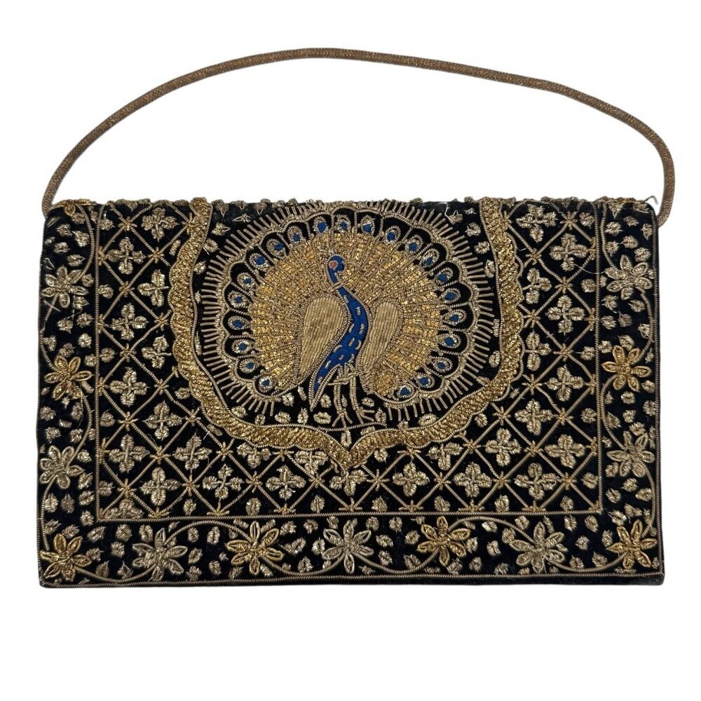 Vintage Black Velvet Peacock Gold Embroidered Beaded Floral Evening Bag Clutch - Picture 5 of 16